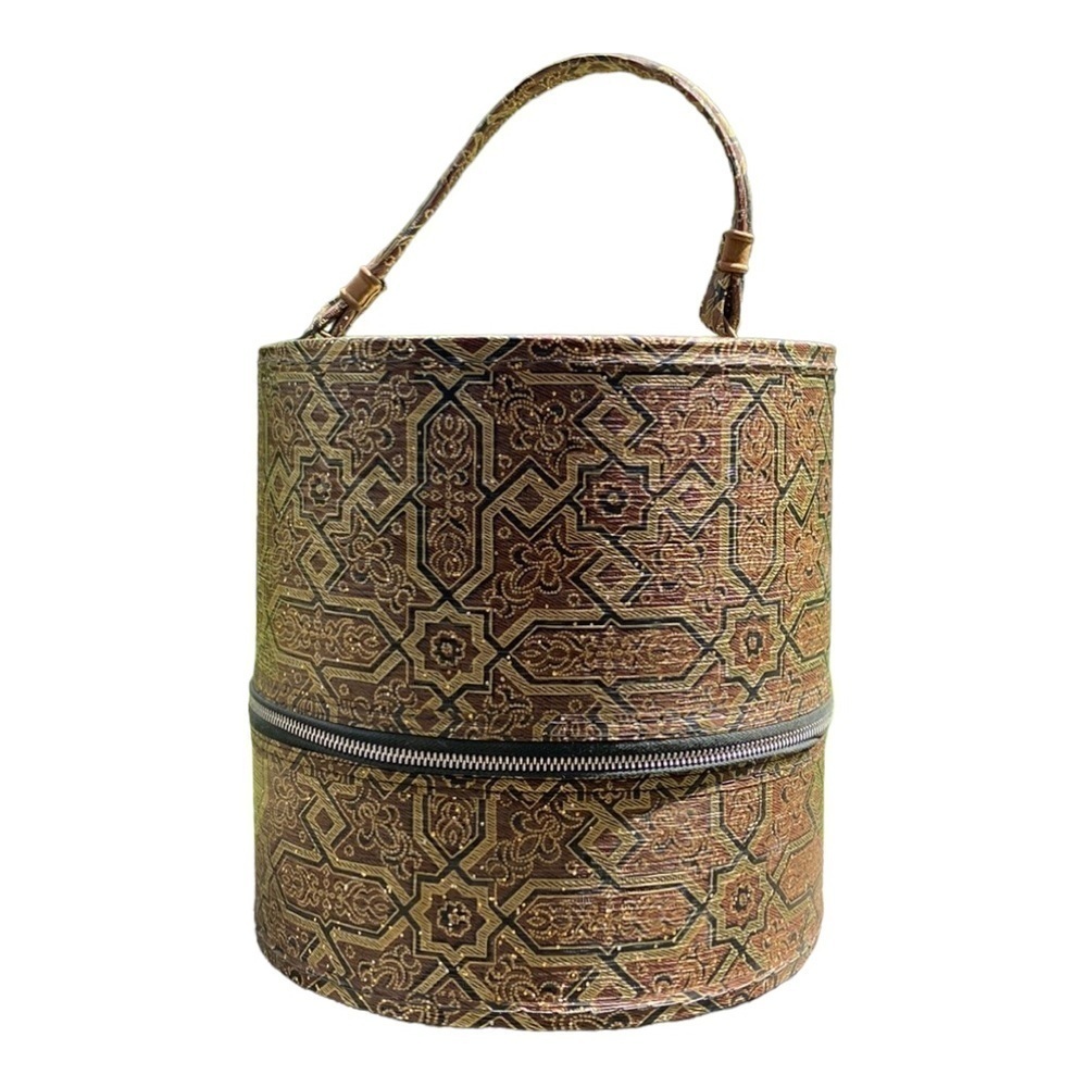 Vintage Hat Wig Carrier Travel Luggage With Handle Geometric Fleur Di Lis
